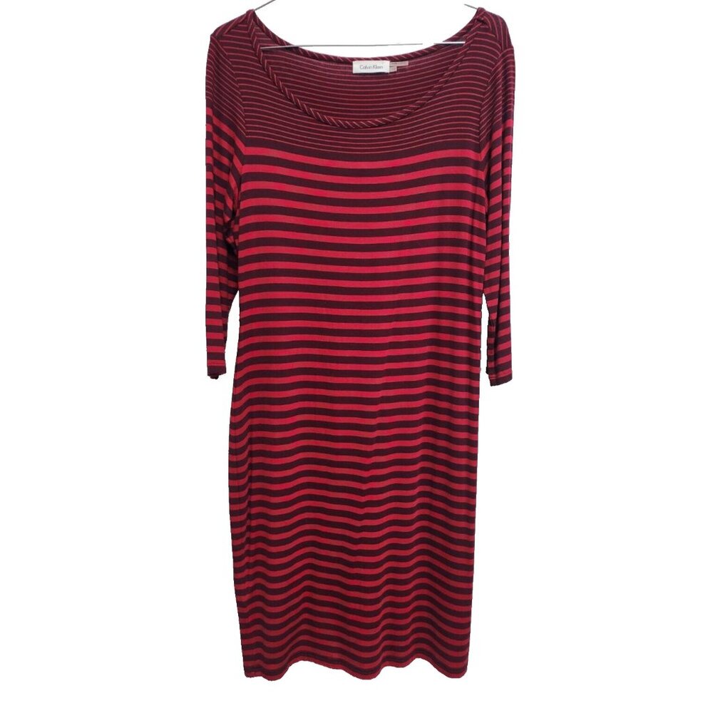Calvin Klein Shift Dress Womens Size 10 Red Striped 3/4 Sleeve Office Casual